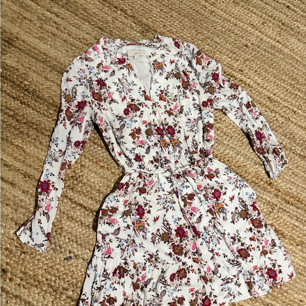 LOFT Floral Long Sleeve Dress - White and Red